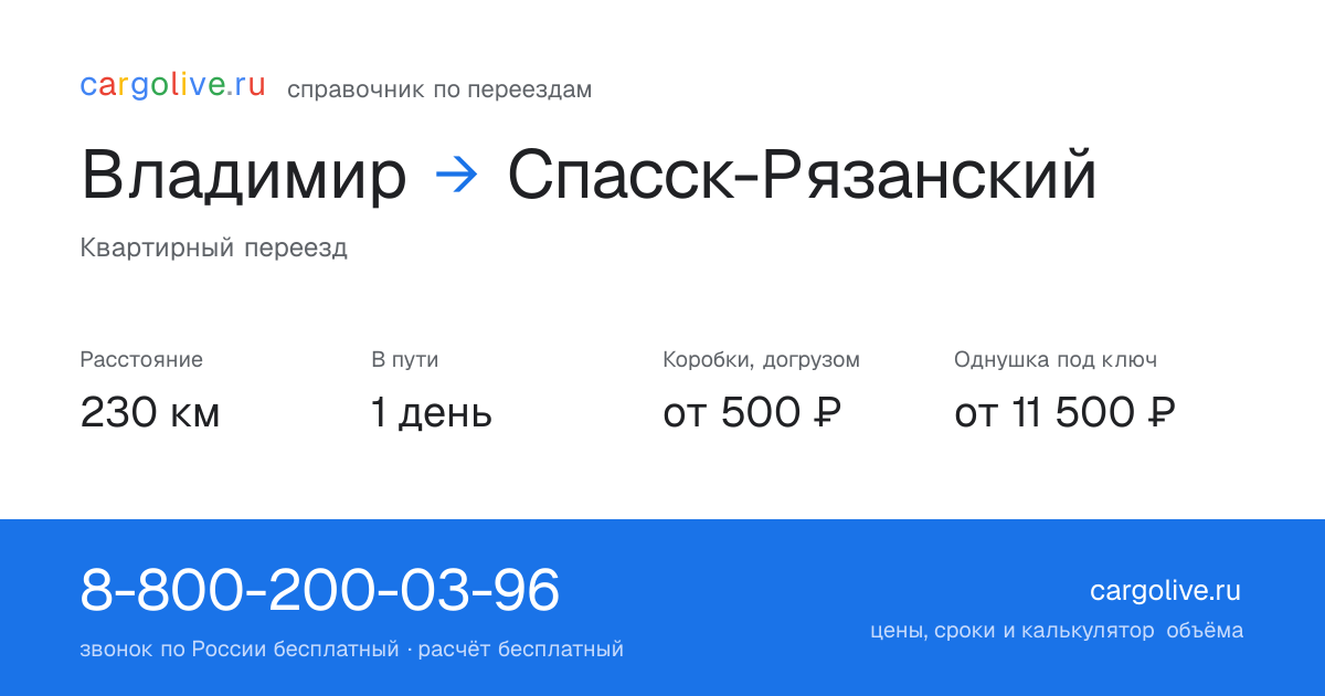 Переезд из Владимира в Спасск-Рязанский: 230 км, 1 день в пути, от 2 000 ₽