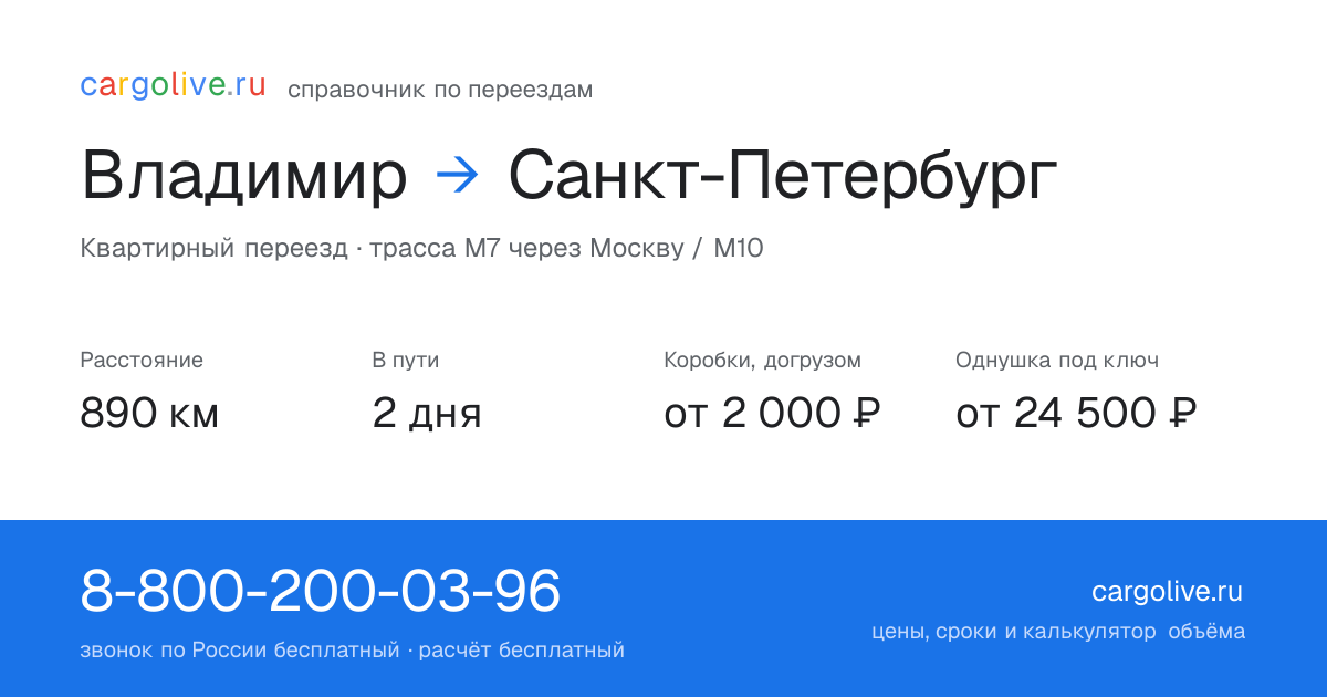 Переезд из Владимира в Санкт-Петербург: 890 км, 2 дня в пути, от 2 000 ₽