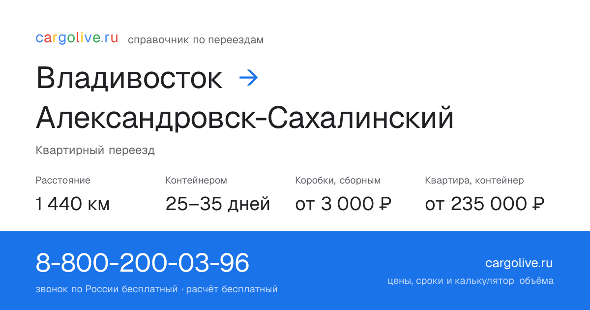 Переезд из Владивостока в Александровск-Сахалинский: 1 440 км, контейнером 25–35 дней, от 3 000 ₽