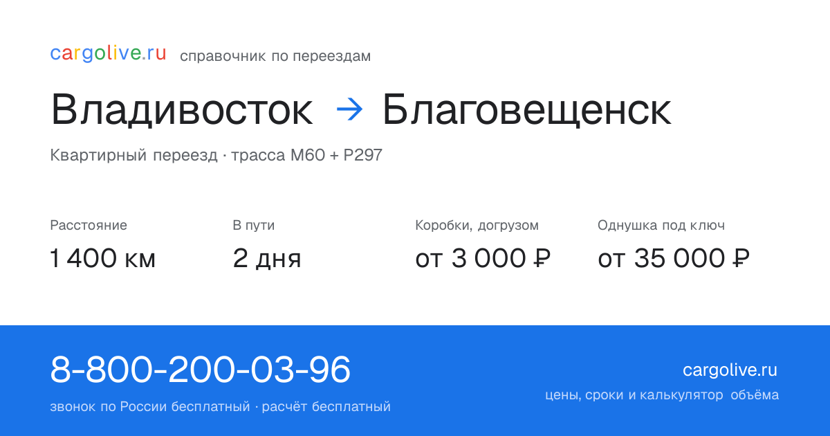 Переезд из Владивостока в Благовещенск: 1 400 км, 2 дня в пути, от 3 000 ₽