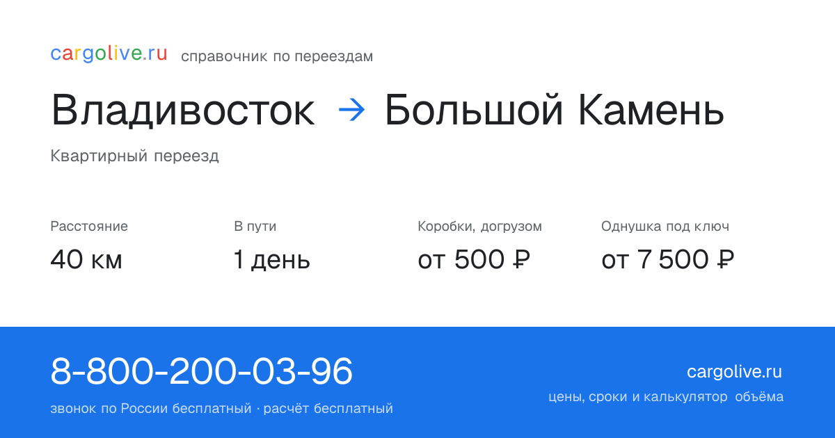 Переезд из Владивостока в Большой Камень: 40 км, 1 день в пути, от 2 000 ₽