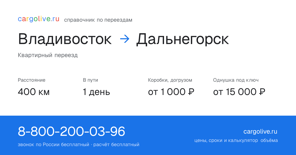 Переезд из Владивостока в Дальнегорск: 400 км, 1 день в пути, от 2 000 ₽