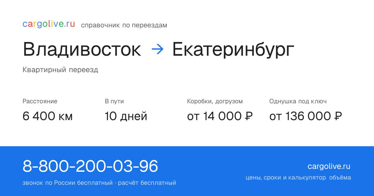 Переезд из Владивостока в Екатеринбург: 6 400 км, 10 дней в пути, от 14 000 ₽