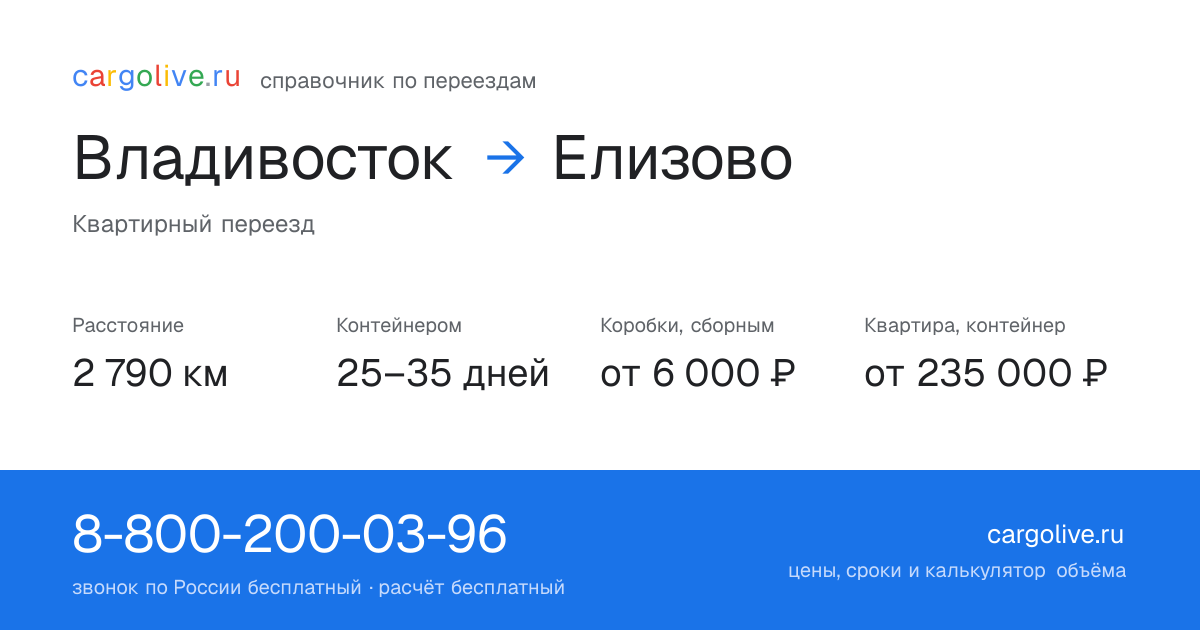 Переезд из Владивостока в Елизово: 2 790 км, контейнером 25–35 дней, от 6 000 ₽