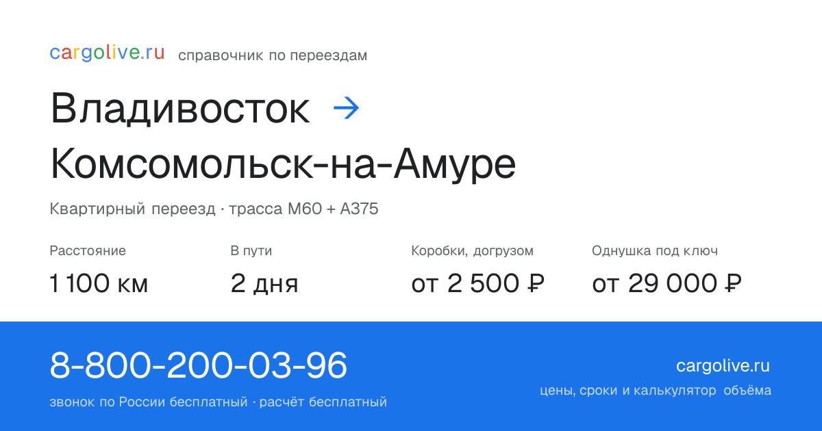Переезд из Владивостока в Комсомольск-на-Амуре: 1 100 км, 2 дня в пути, от 2 500 ₽