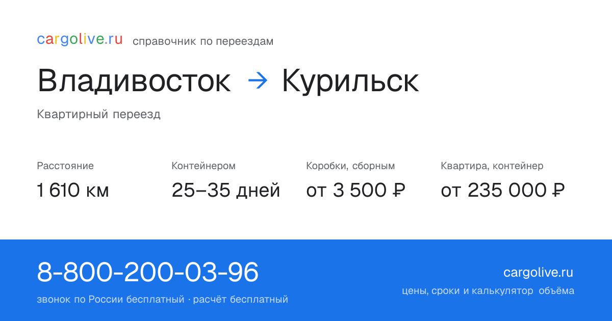 Переезд из Владивостока в Курильск: 1 610 км, контейнером 25–35 дней, от 3 500 ₽