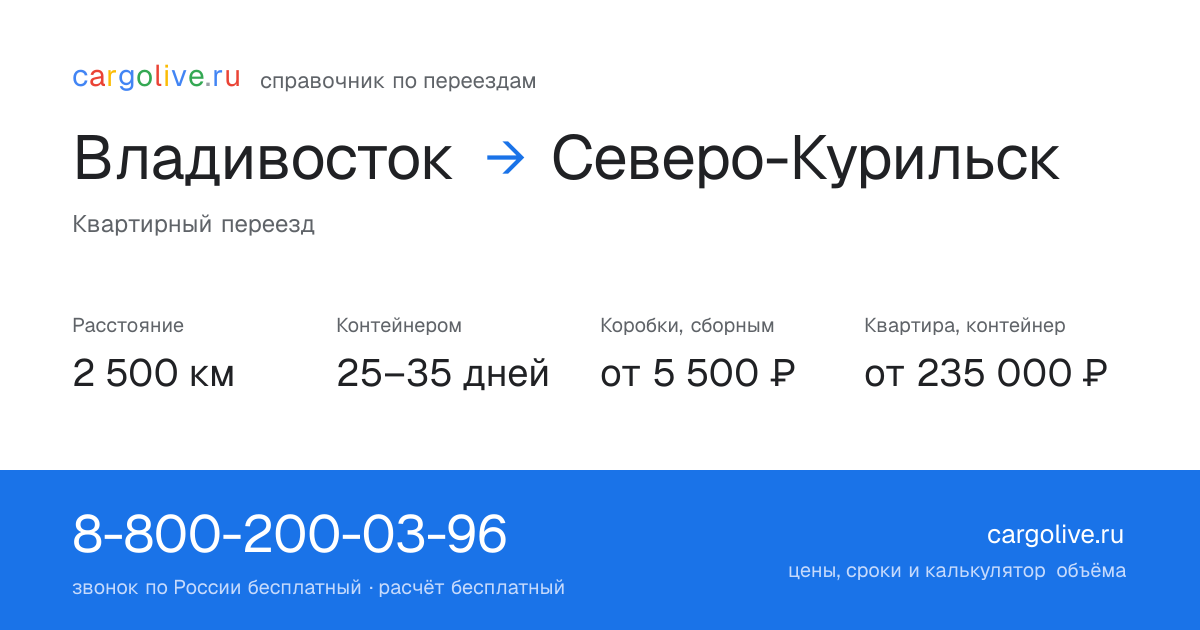 Переезд из Владивостока в Северо-Курильск: 2 500 км, контейнером 25–35 дней, от 5 500 ₽