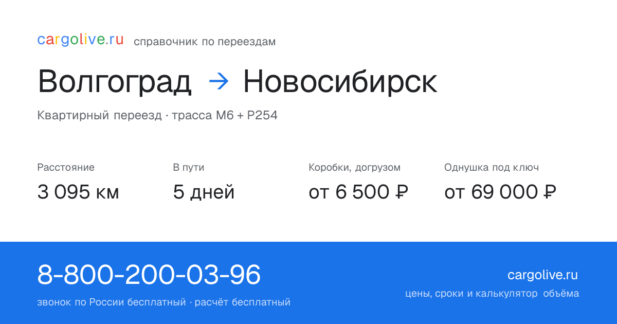 Переезд из Волгограда в Новосибирск: 3 095 км, 5 дней в пути, от 6 500 ₽
