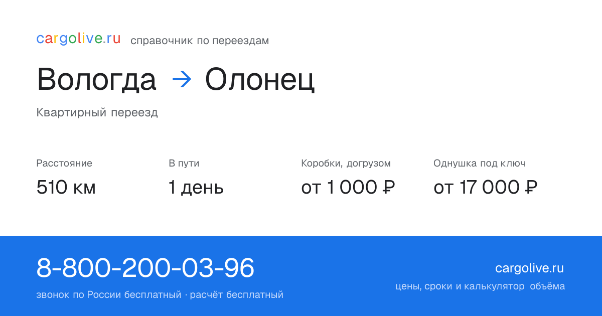 Переезд из Вологды в Олонец: 510 км, 1 день в пути, от 2 000 ₽