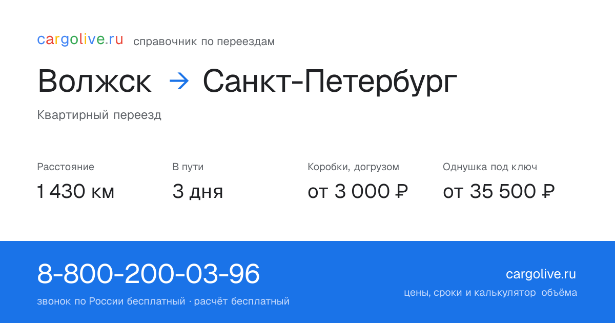 Переезд из Волжска в Санкт-Петербург: 1 430 км, 3 дня в пути, от 3 000 ₽