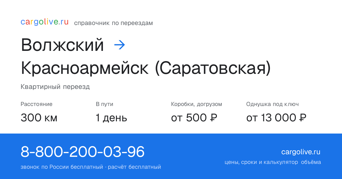 Переезд из Волжского в Красноармейск (Саратовская): 300 км, 1 день в пути, от 2 000 ₽