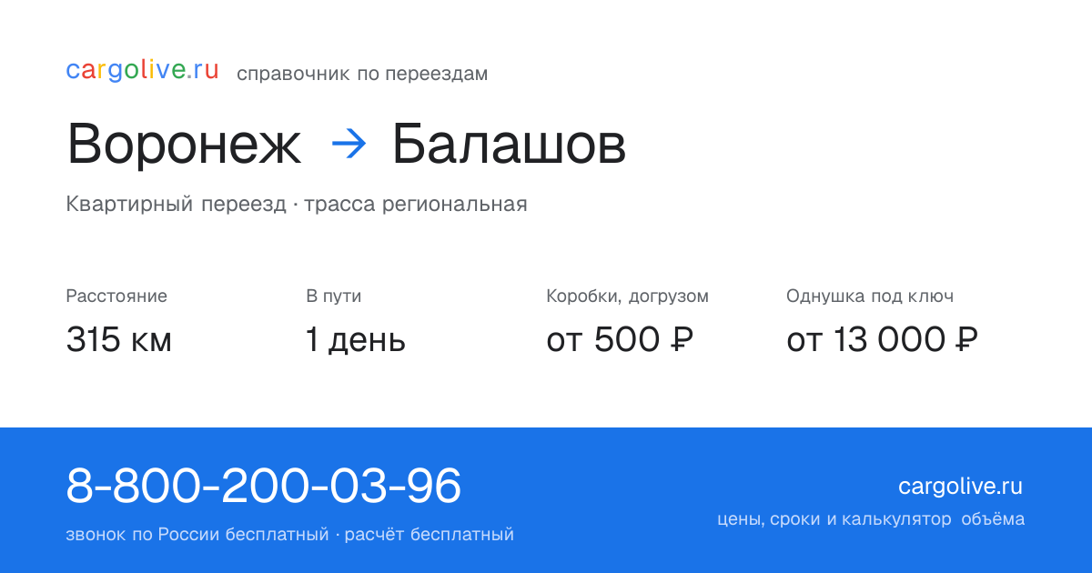 Переезд из Воронежа в Балашов: 315 км, 1 день в пути, от 2 000 ₽