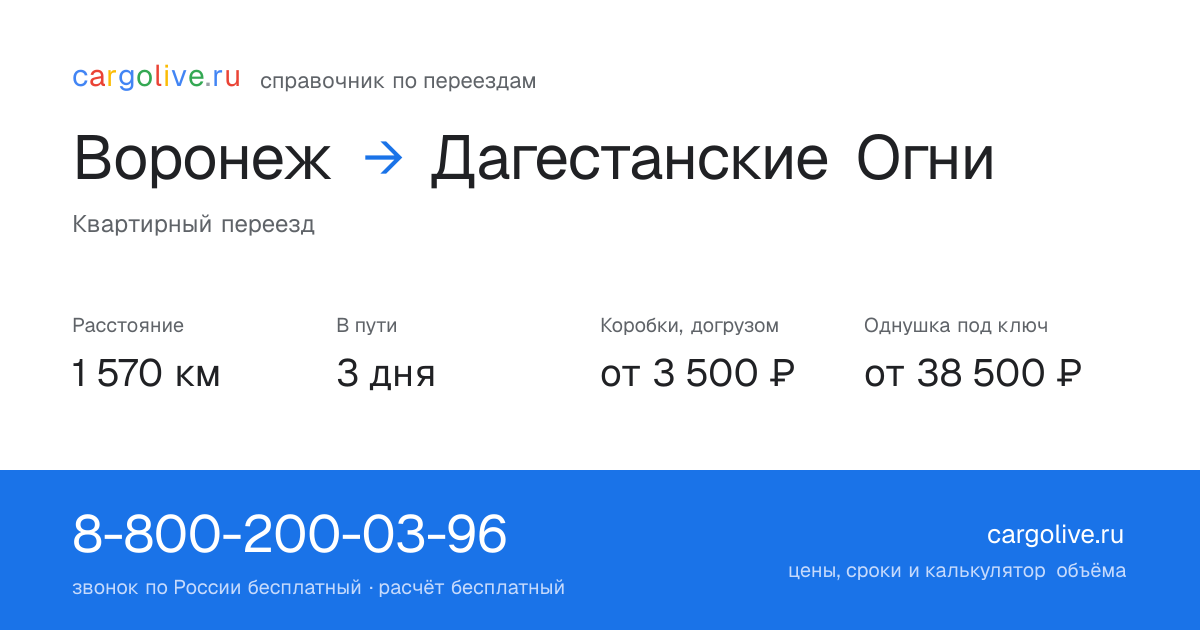 Переезд из Воронежа в Дагестанские Огни: 1 570 км, 3 дня в пути, от 3 500 ₽