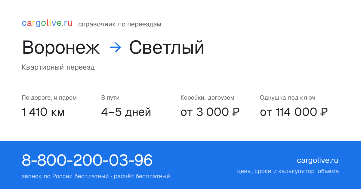 Переезд из Воронежа в Светлый: 1 410 км по дороге и паром, 4–5 дней в пути, от 3 000 ₽