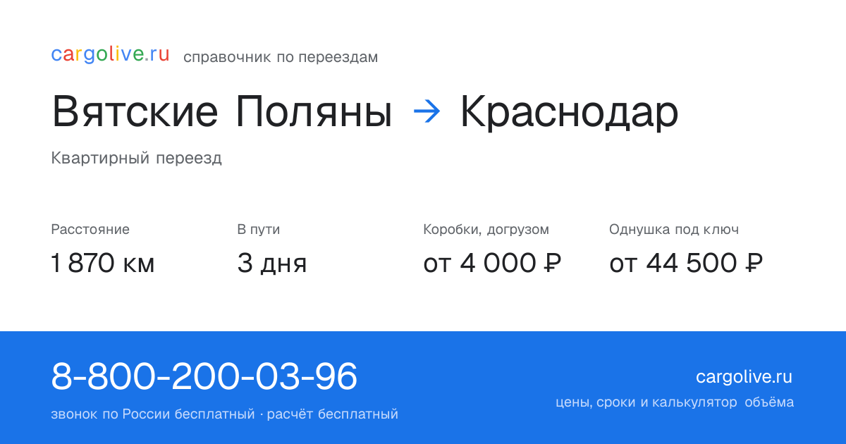 Переезд из Вятских Полян в Краснодар: 1 870 км, 3 дня в пути, от 4 000 ₽