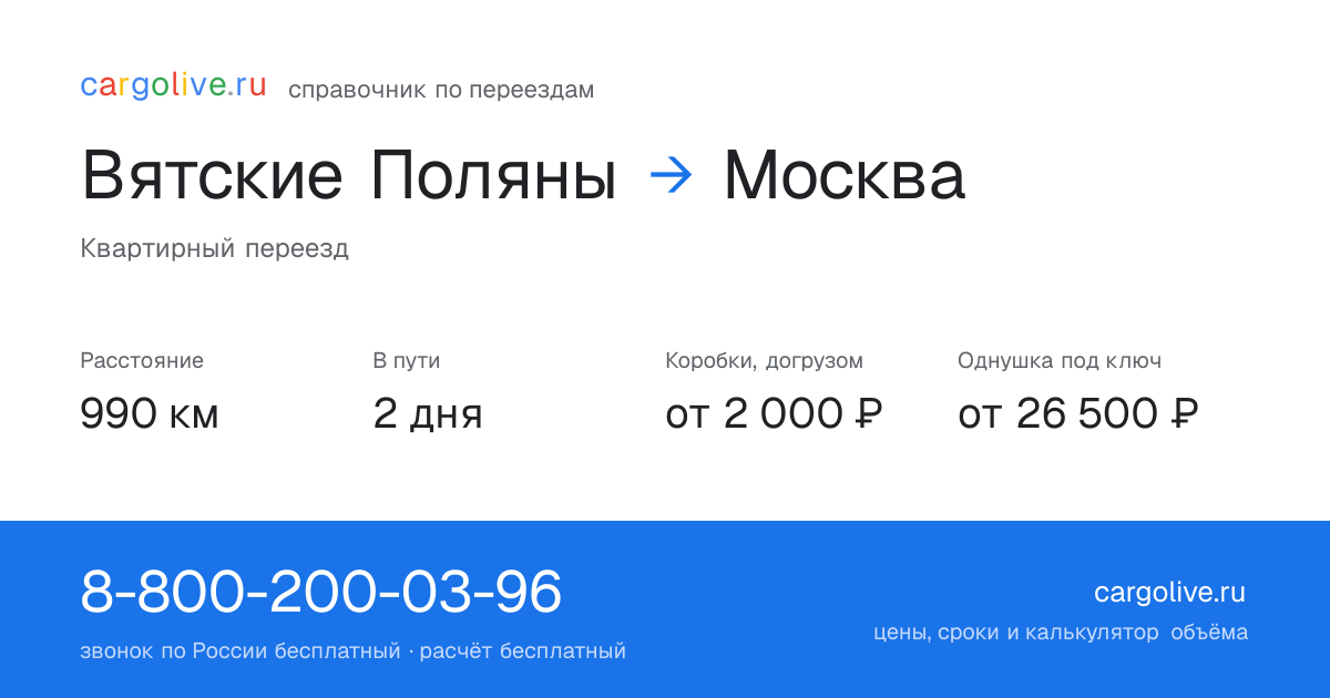 Переезд из Вятских Полян в Москву: 990 км, 2 дня в пути, от 2 000 ₽