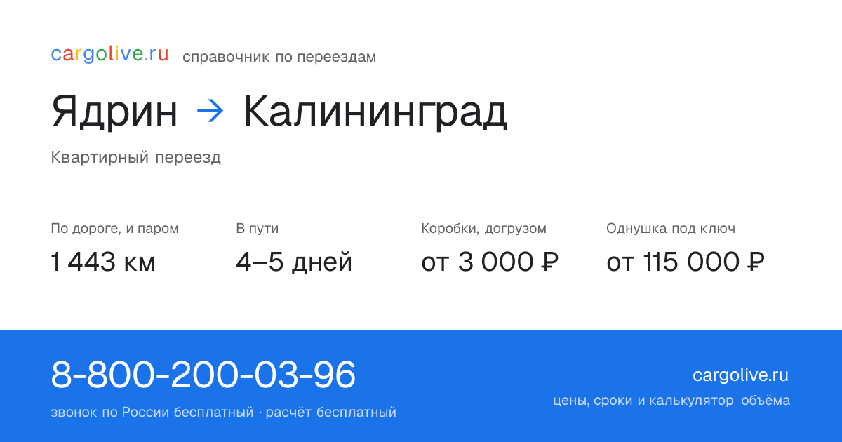 Переезд из Ядрина в Калининград: 1 443 км по дороге и паром, 4–5 дней в пути, от 3 000 ₽