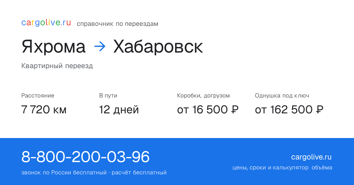 Переезд из Яхромы в Хабаровск: 7 720 км, 12 дней в пути, от 16 500 ₽