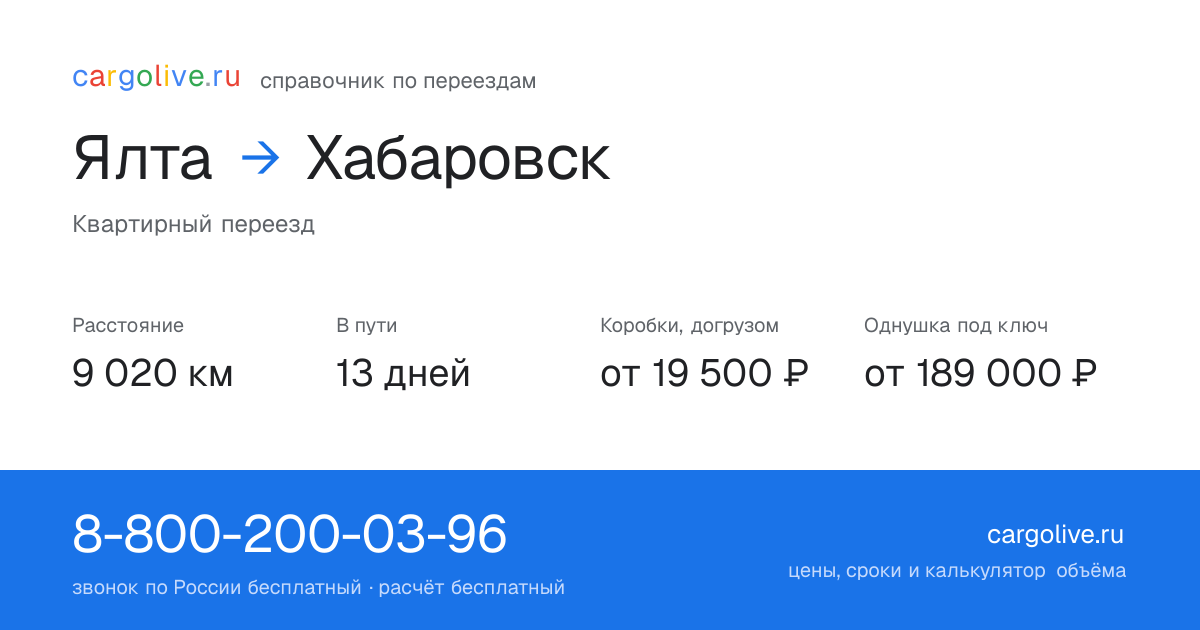 Переезд из Ялты в Хабаровск: 9 020 км, 13 дней в пути, от 19 500 ₽