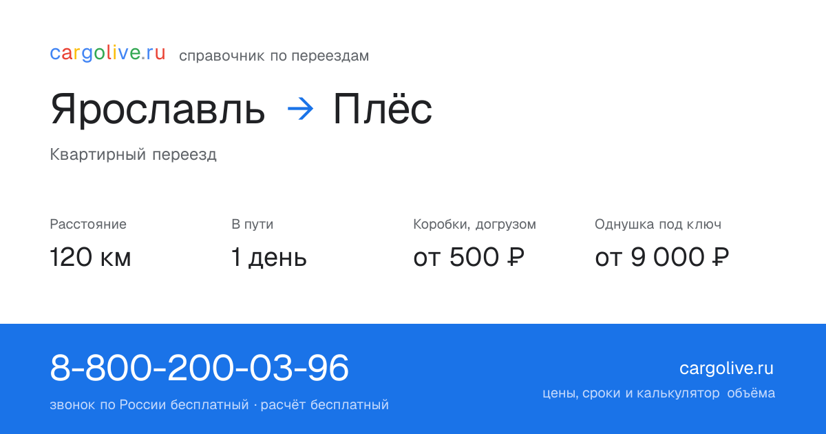 Переезд из Ярославля в Плёс: 120 км, 1 день в пути, от 2 000 ₽