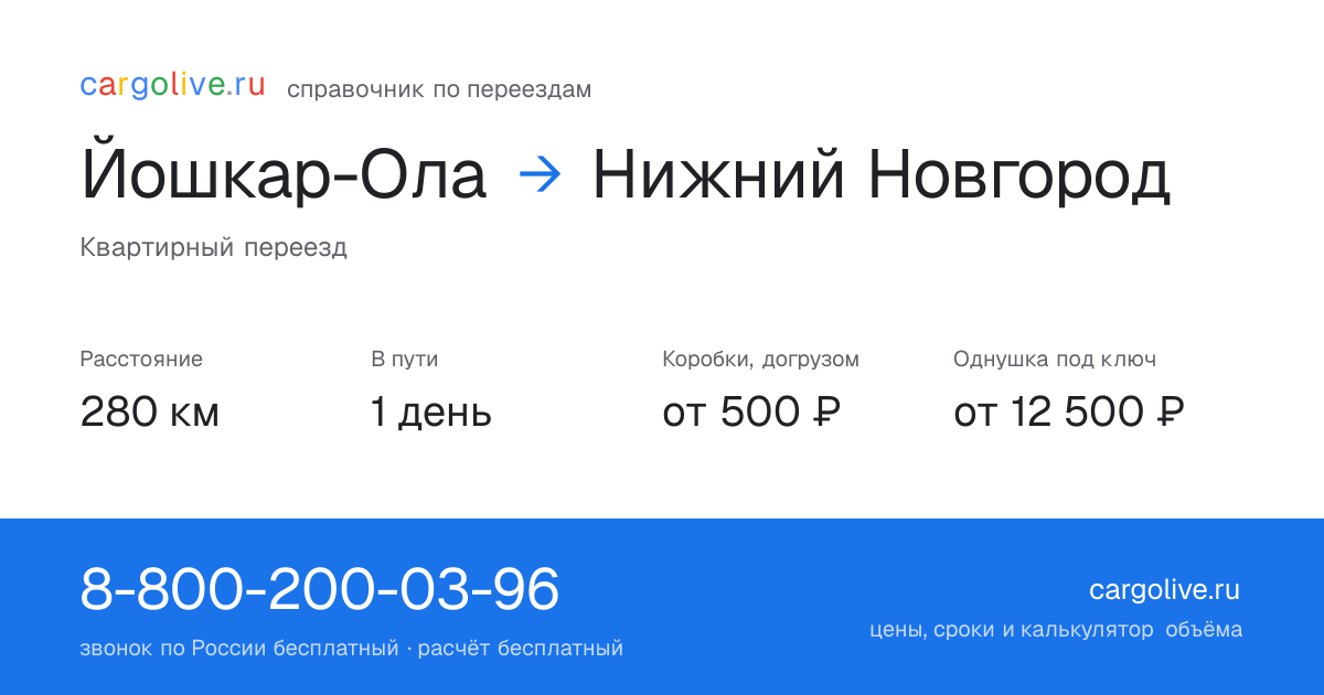 Переезд из Йошкар-Олы в Нижний Новгород: 280 км, 1 день в пути, от 2 000 ₽