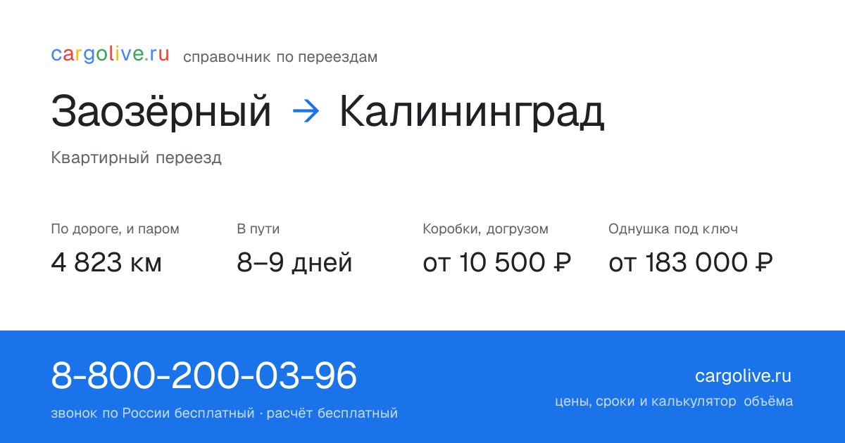 Переезд из Заозёрного в Калининград: 4 823 км по дороге и паром, 8–9 дней в пути, от 10 500 ₽