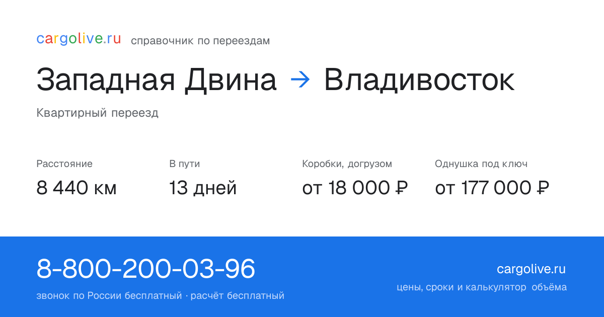 Переезд из Западной Двины во Владивосток: 8 440 км, 13 дней в пути, от 18 000 ₽