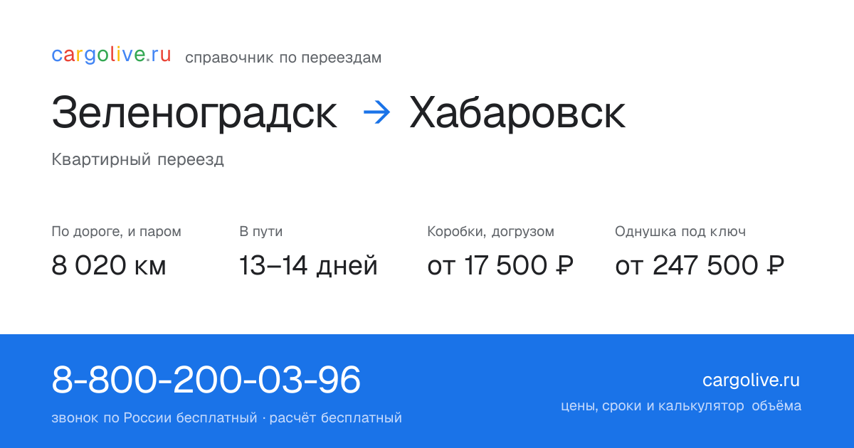 Переезд из Зеленоградска в Хабаровск: 8 020 км по дороге и паром, 13–14 дней в пути, от 17 500 ₽