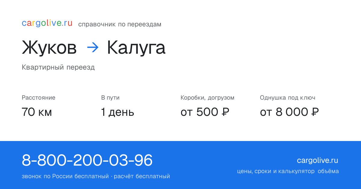 Переезд из Жукова в Калугу: 70 км, 1 день в пути, от 2 000 ₽