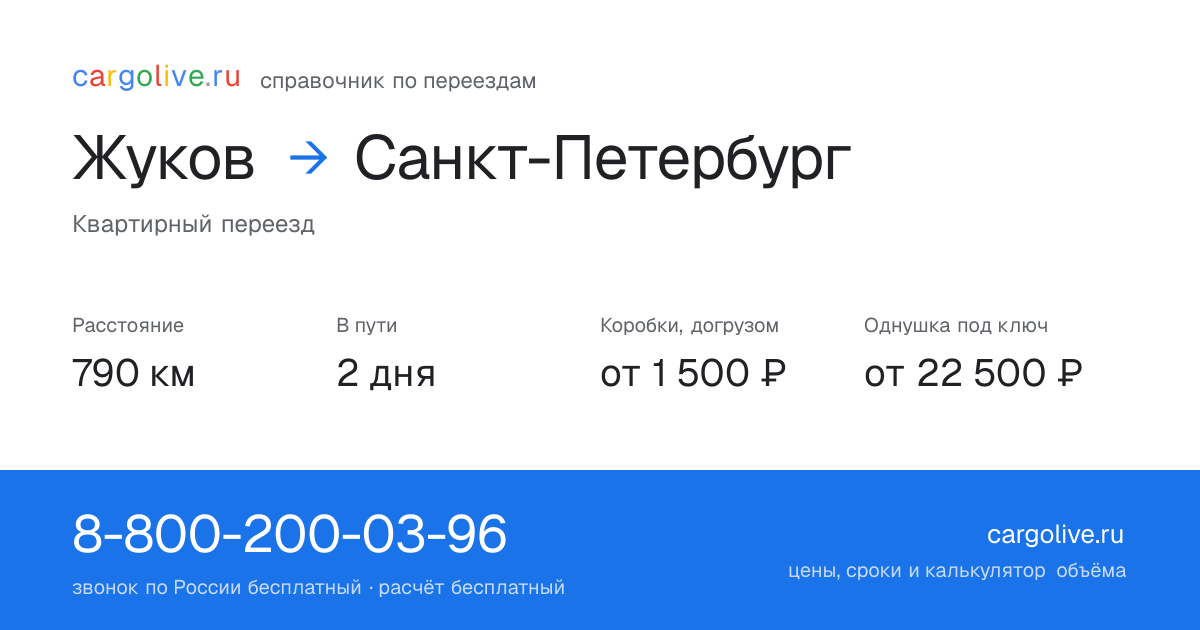 Переезд из Жукова в Санкт-Петербург: 790 км, 2 дня в пути, от 2 000 ₽