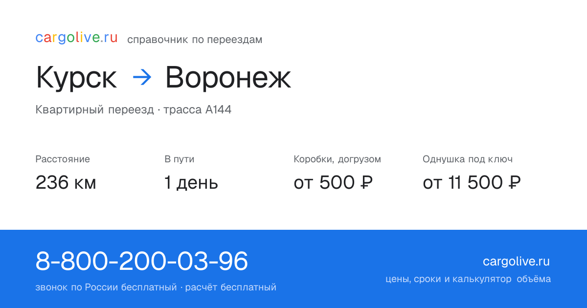 Переезд из Курска в Воронеж: 236 км, 1 день в пути, от 2 000 ₽