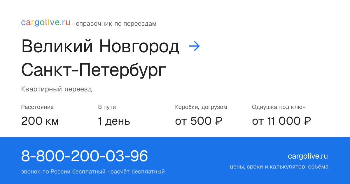 Переезд из Великого Новгорода в Санкт-Петербург: 200 км, 1 день в пути, от 2 000 ₽