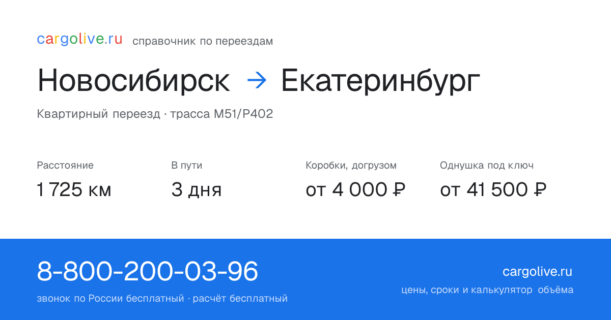 Переезд из Новосибирска в Екатеринбург: 1 725 км, 3 дня в пути, от 4 000 ₽