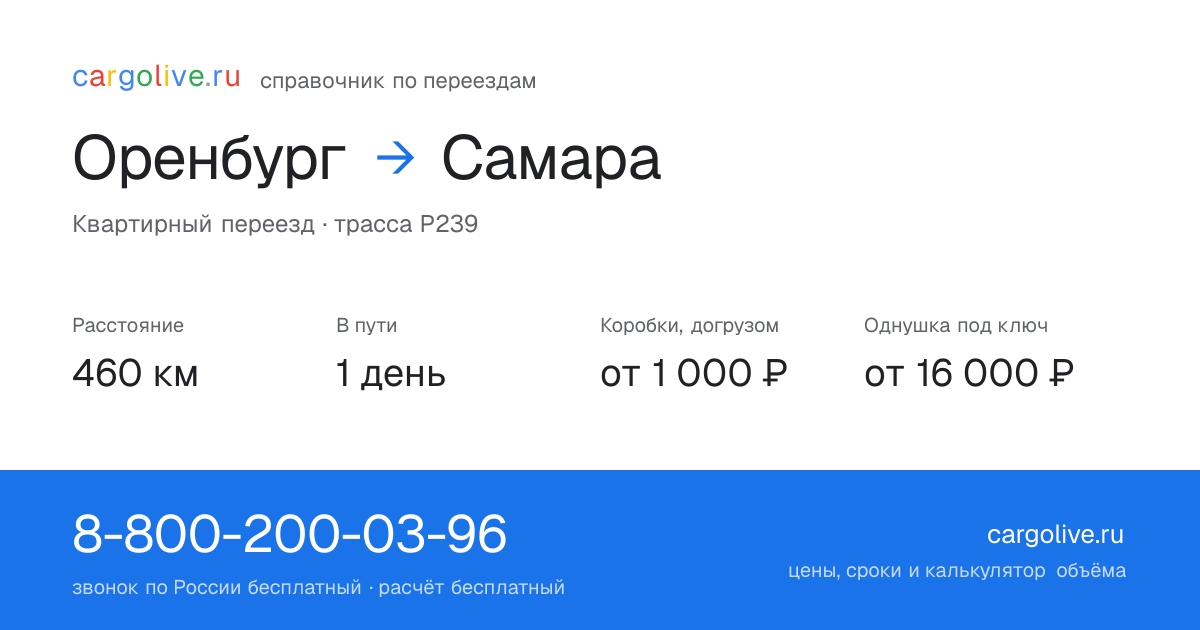 Переезд из Оренбурга в Самару: 460 км, 1 день в пути, от 2 000 ₽