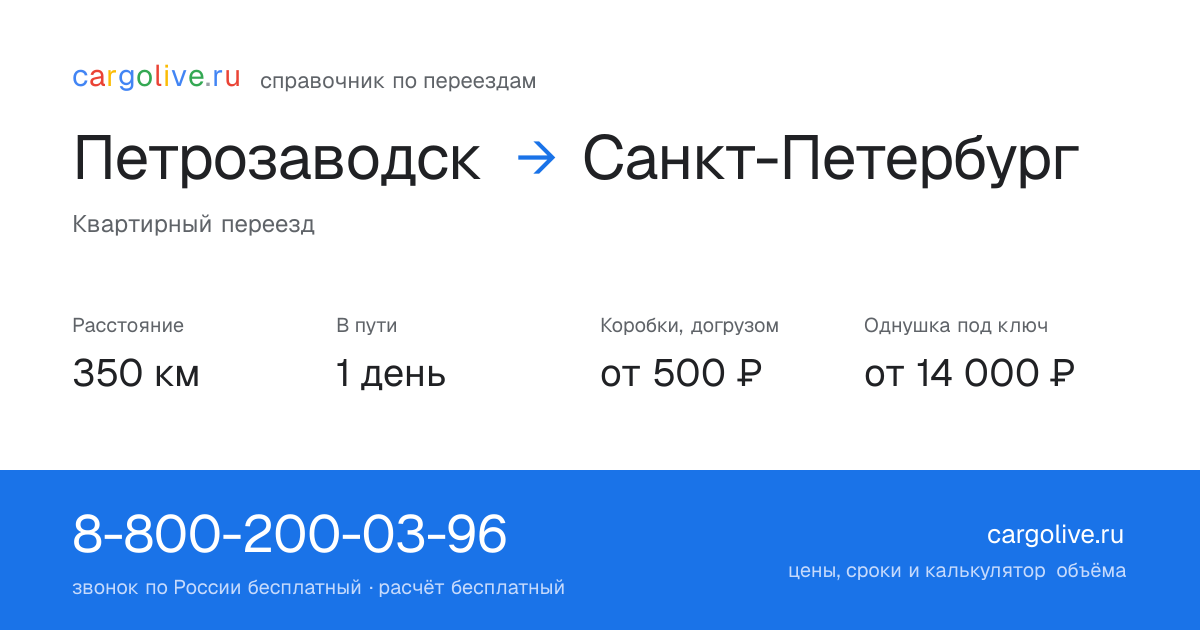 Переезд из Петрозаводска в Санкт-Петербург: 350 км, 1 день в пути, от 2 000 ₽