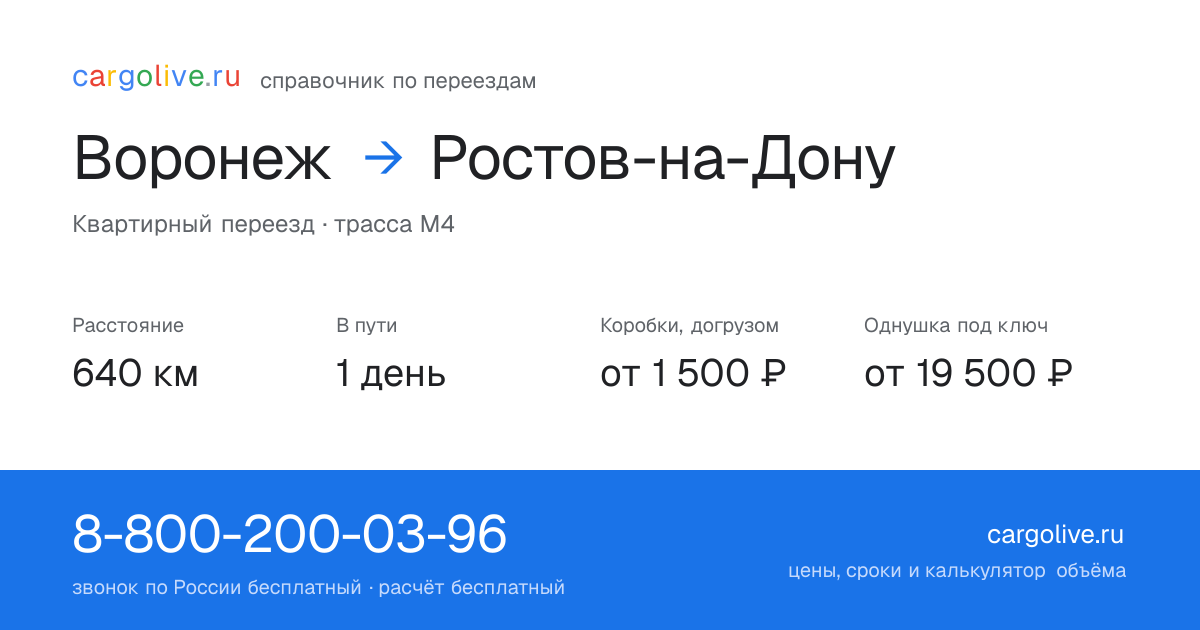Переезд из Воронежа в Ростов-на-Дону: 640 км, 1 день в пути, от 2 000 ₽